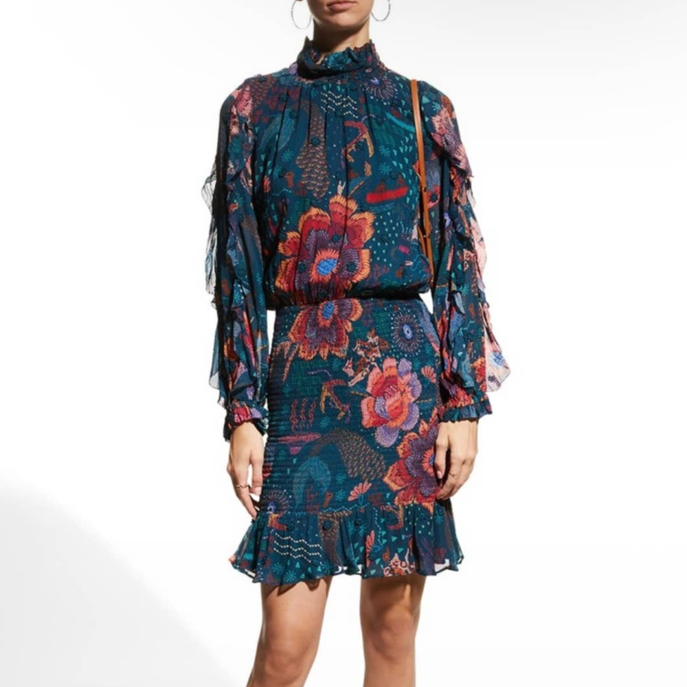 Farm Rio Teal River Creatures Floral Mini Dress Medium NWT Smocked Ruffled